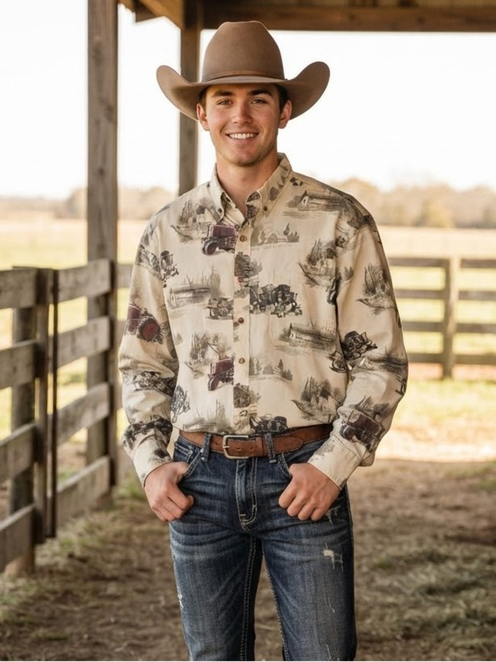 Bit & Bridle Vintage-Style Farm & Tractor Print Western Shirt - Size XL